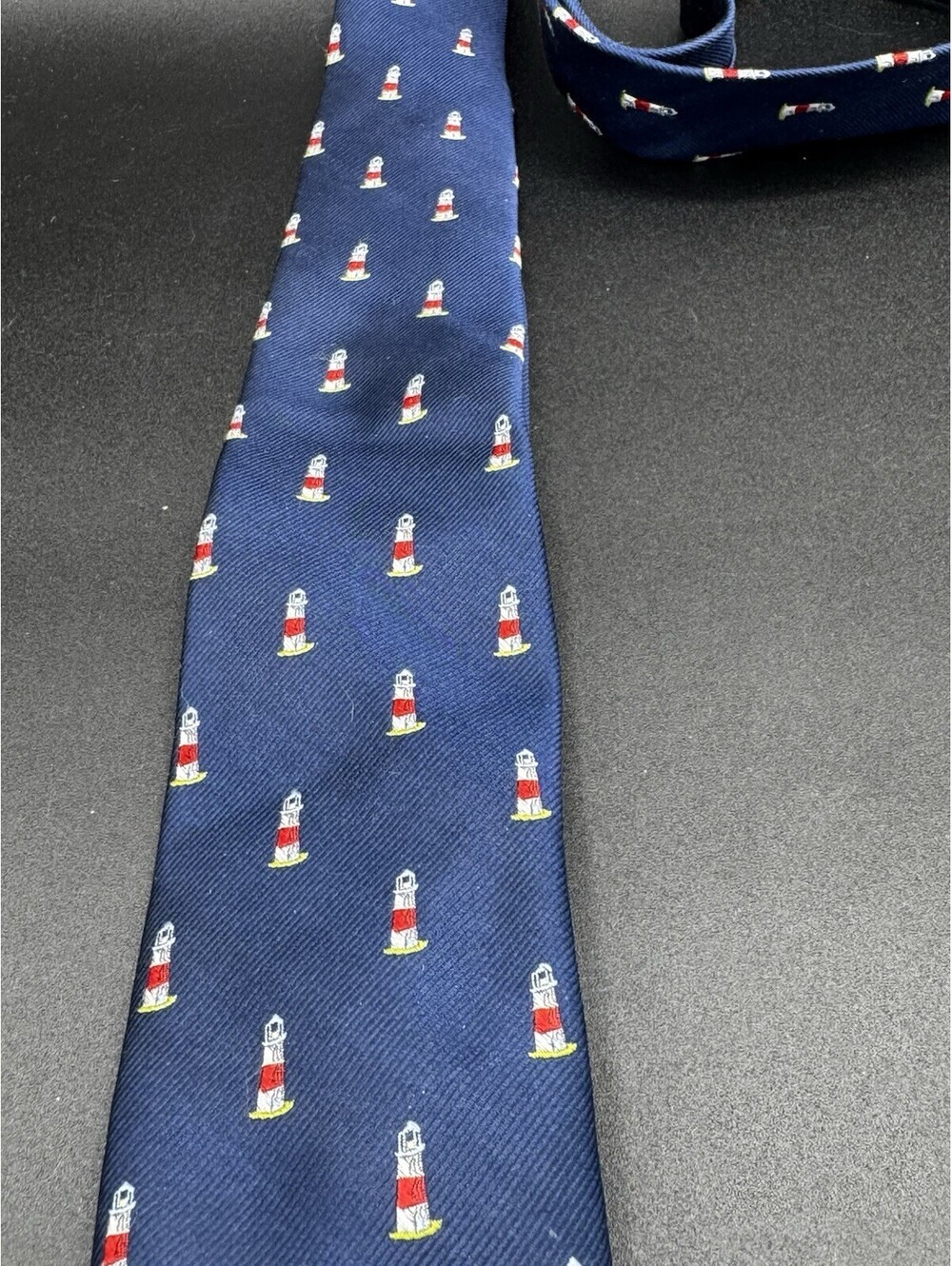 Haggar H26 Silk Tie Navy Embroidered Lighthouse Nautical Slim 60x2.75 Nautical